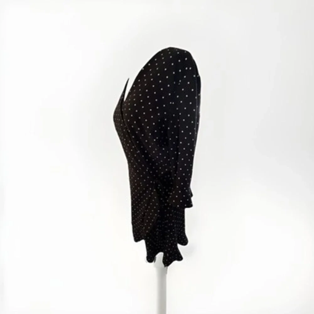 LOFT Black/White Polka Dot Wait Tie Faux Wrap 3/4 Sleeve Mini Skater Dress, Sz 8 - Picture 4 of 16